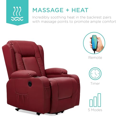Best Choice Products PU Leather Electric Power Lift Chair, Recliner Massage Chair, Adjustable Furniture for Back, Legs w/ 3 Positions, USB Port, Heat, Cupholders, Easy-to-Reach Side Button - Brown