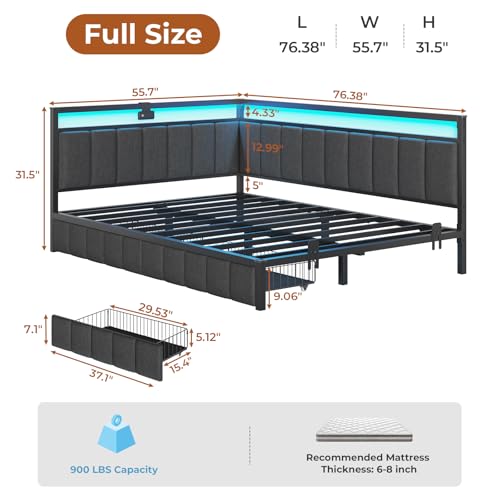DICTAC Corner Full Bed Frame with 2 Storage Drawers and Charging Station Full Size Platform Bed Frame with Led Lights and Upholstered Guardrail Daybed for Living Room, Bedroom and Guest Room, Gray