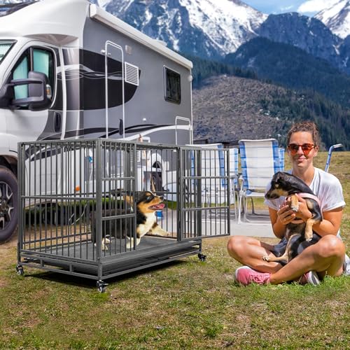 Yaheetech 48'' Dog Crate Extra Large Pet Crate XXL Indestructible Dog Crate W/2 Doors/Lockable Wheels/Removeable Trays for Indoor/Outdoor