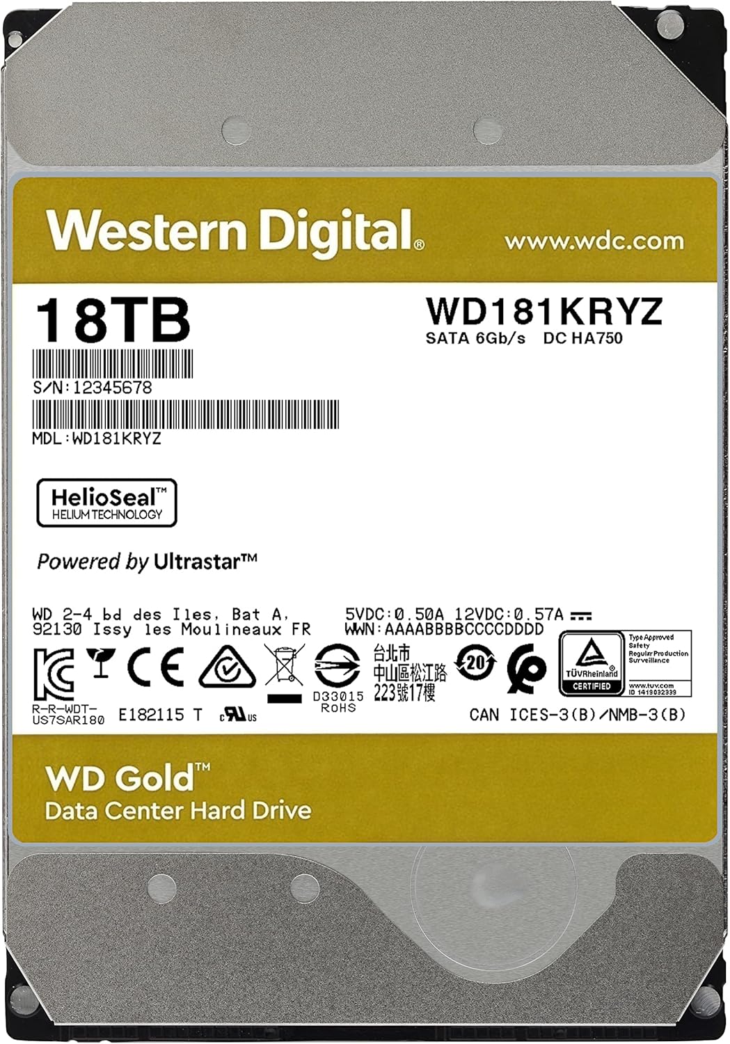 Western Digital 8TB WD Gold Enterprise Class Internal Hard Drive - 7200 RPM Class, SATA 6 Gb/s, 256 MB Cache, 3.5 - WD8004FRYZ