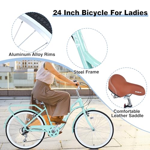 MEGHNA Cruiser Bike Low Step-Through 24inch Commuter Bike V - Brake 7 Speed Shifter Driven City Bike for Women Senior Men