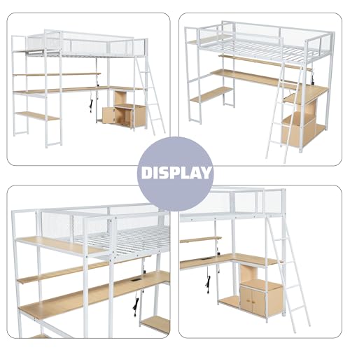 Full Size Loft Bed with Desk and Stairs,Metal Gaming Loft Bed Full with Wardrobe and Shelf, High Loft Bed with LED & USB Charging Station for Teens, Adults, Space Saving Design,Black