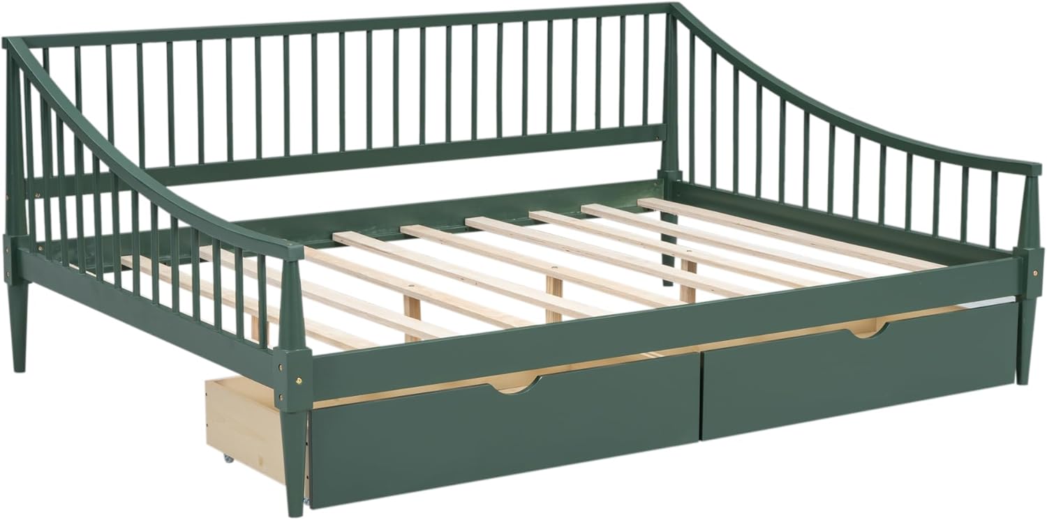 Full Size Daybed with Two Drawers,Solid Wood Storage Bed Frame W/Wooden Slat Support,Guide Rail Design on Three Sides,Easy to Assemble,for Bedroom Living Room,Green