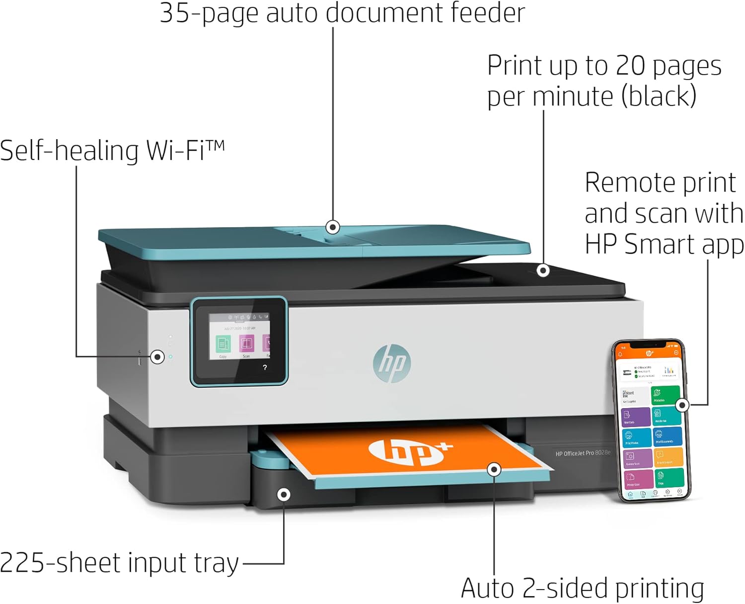 HP OfficeJet Pro 80 28e All-in-One Wireless Color Inkjet Printer for Home Office, Blue - Print Scan Copy Fax - 20 ppm, 4800 x 1200 dpi, 35-Sheet ADF, Auto 2-Sided Printing, Cbmou External Webcam