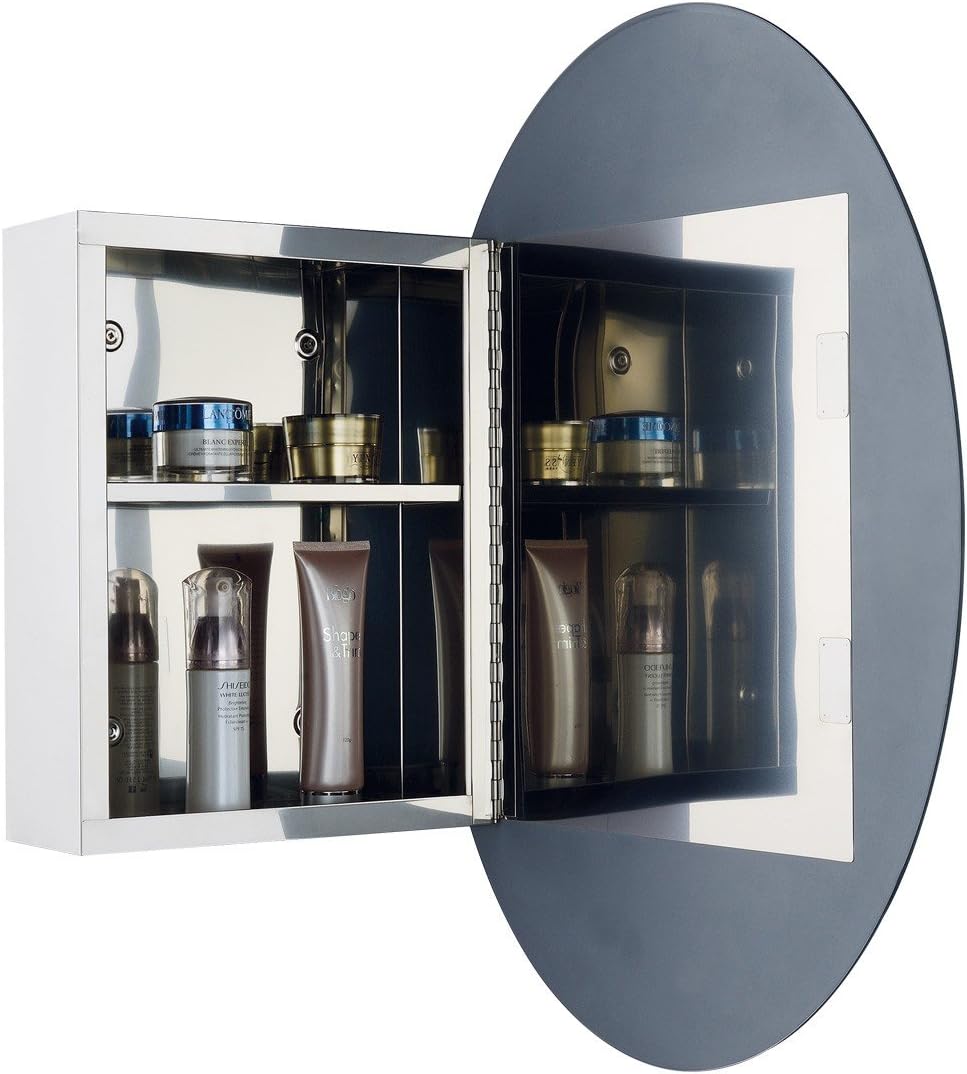 Renovators Supply Manufacturing Oval Wall Mounted Medicine Cabinet Brushed Stainless Steel Bathroom Storage Cabinet with Mirror 26" x 18" Hanging Double Shelf for Medicines or Accessories