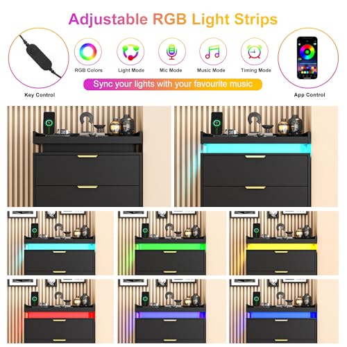 White Dresser with LED Lights, Wooden LED Dresser, 4 Drawer Chest with Charging Station, Tall Chest of Drawer Closet Organizer for Bedroom, Living Room, Entryway, Hallway