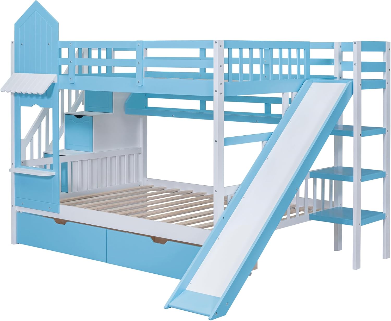 Harper & Bright Designs Full Over Full Bunk Bed with Stairs and Slide, Solid Wood Bunk Bed Frame with Storage Drawers and Bookshelf, for Kids Teens Girls Boys (Blue)