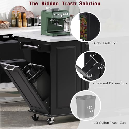 60" Kitchen Island with Drop Leaf and Power Outlet, Rolling Kitchen Cart on Wheels with Trash Can Storage Cabinet, Spice Rack, Towel Rack and Adjustable Shelf for Dining Room
