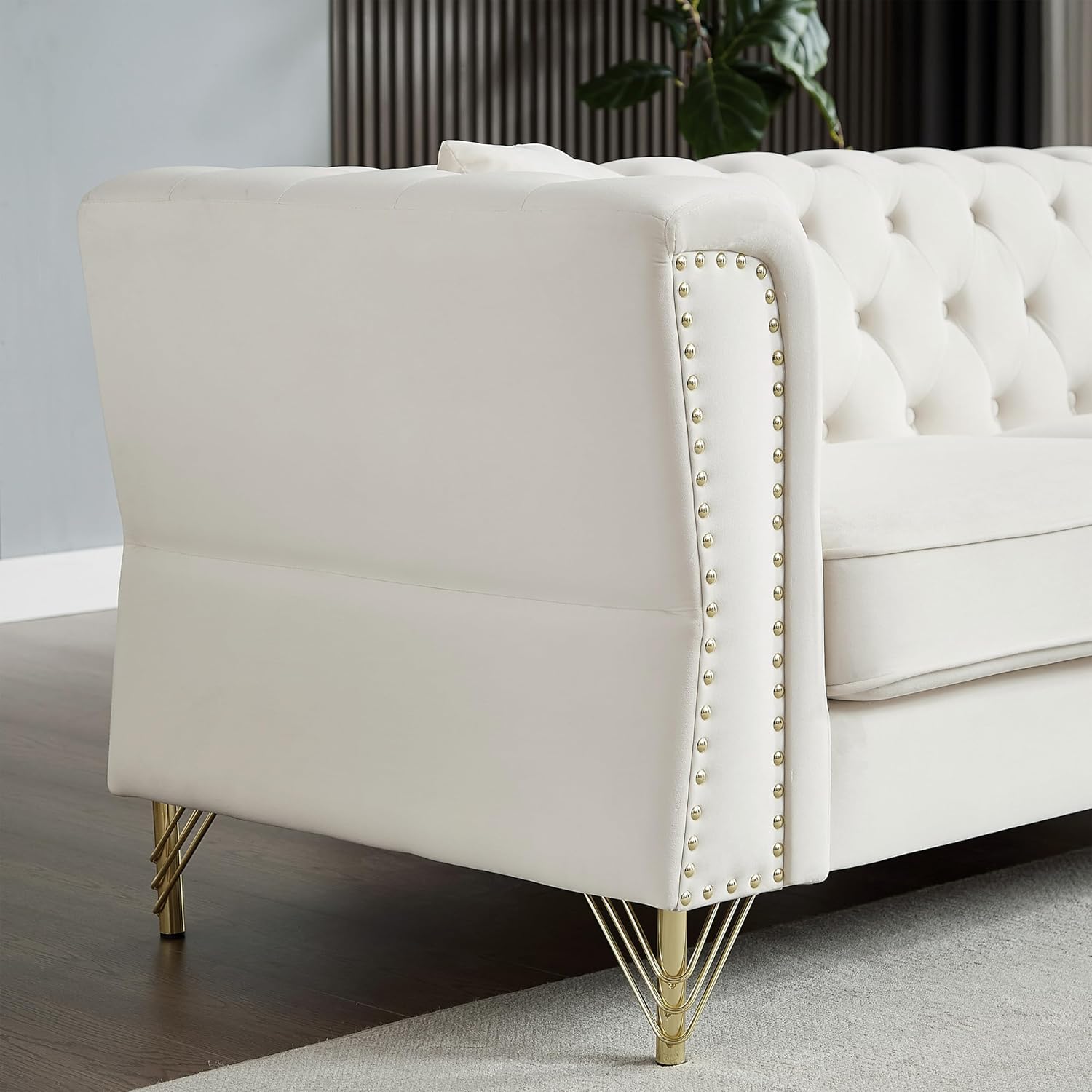 3-seater + 2-seater Combination Sofa Tufted Couch with Rolled Arms and Nailhead for Living Room, Bedroom, Office, Apartment, four pillows (Beige)