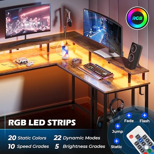 L Shaped Gaming Desk, Computer Desk with Power Outlets, LED Lighting, Home Office Desk,Grey