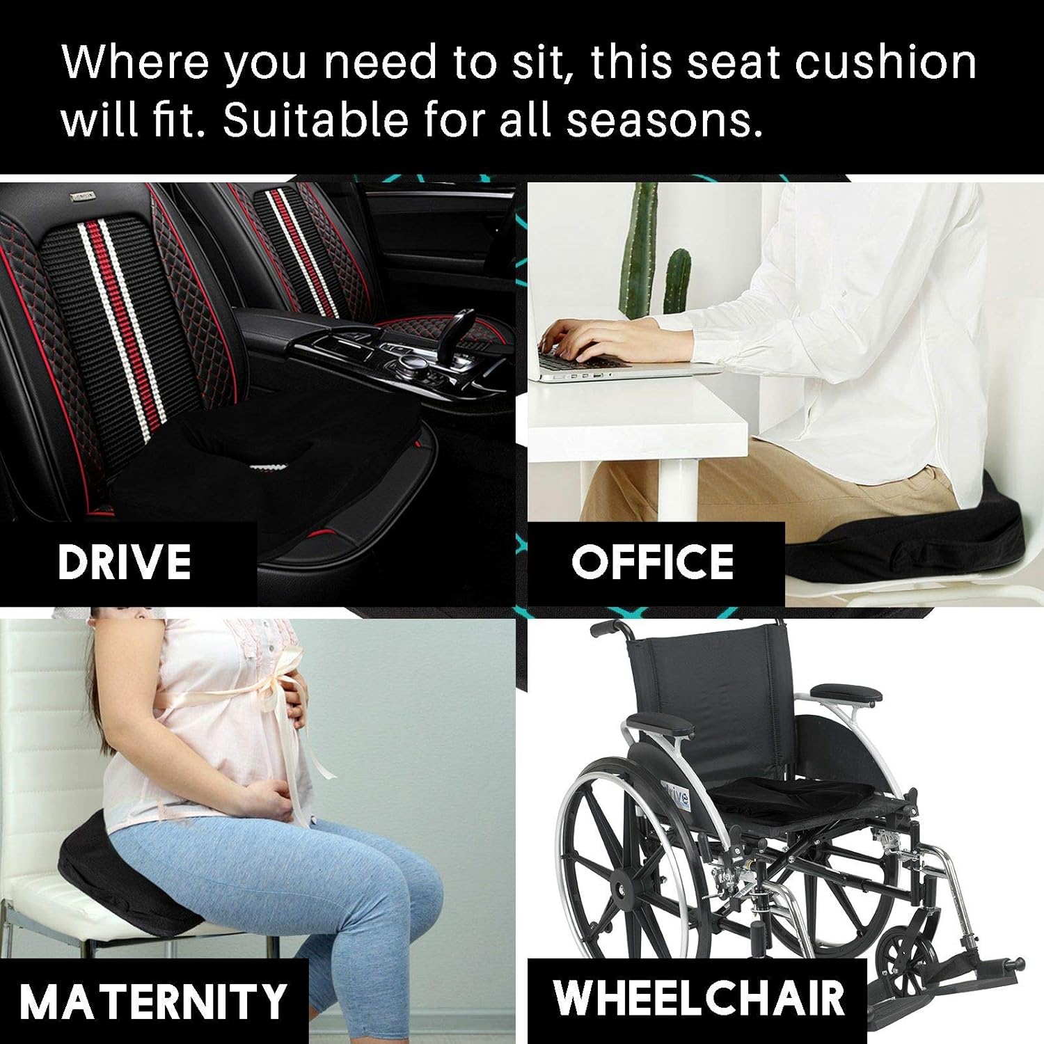 Office Chair Seat Cushion Comfortable Memory Foam Desk Chair Cushion Car Coccyx Seat Cushion Wheelchair Memory Foam Pillow with Anti-Slip Bottom Relieves Back, Hip, Tailbone, Sciatica Pain, Black
