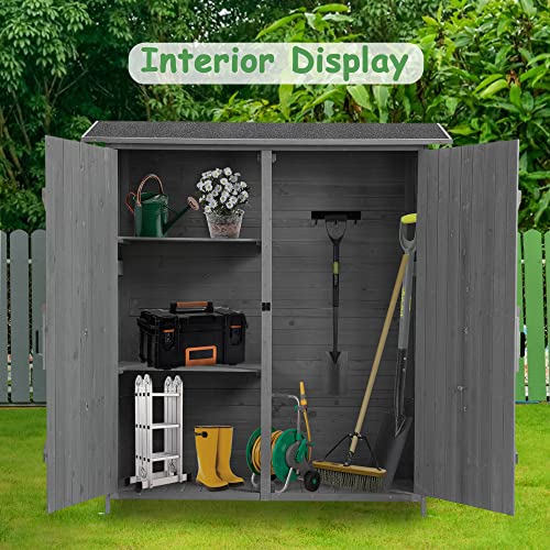 Outdoor Storage Cabinet, Outside Wood Shed with Waterproof Roof & Detachable Shelves & Double Locks, Vertical Tool Storage Box for Patio, Garden, Backyard, Brown