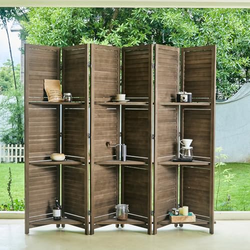 Room Divider with Shelves, 5.6 Ft Tall Folding Wood Screen with Double Hinges for Home Office Bedroom Hotel Decoration (6 Panels, Brown)