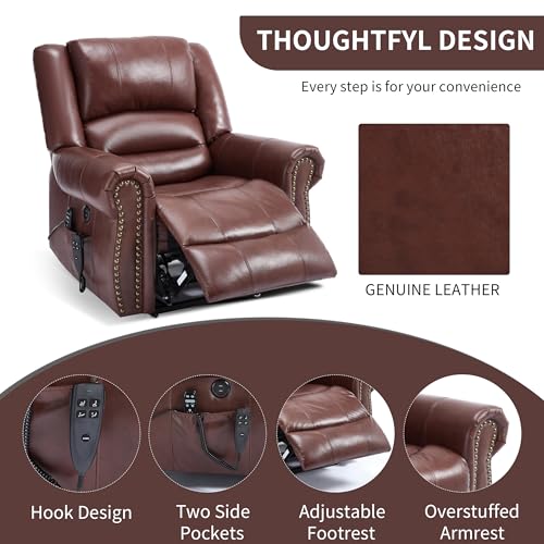 Dual Motor Power Lift Chair, Lay Flat Recliner Chair, Electric Recliner with Massage and Heat for Elderly, Remote Control, Infinite Position, Standing Assistance, USB Ports, Faux Leather, Brown