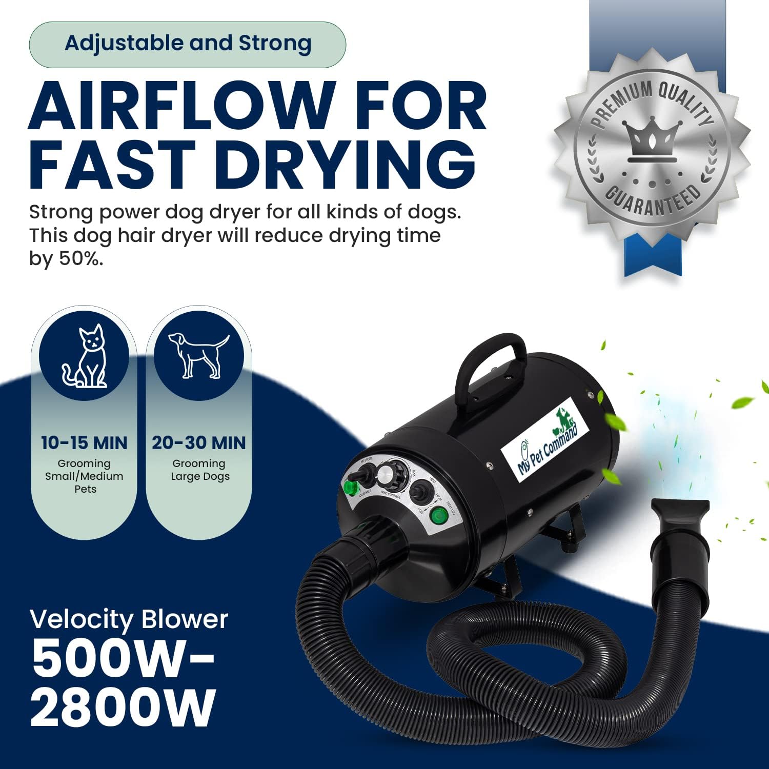 My Pet Command Dog Dryer Blower, Ultra Quiet, Professional High Velocity Blower Adjustable Hot and Cold Airflow, for Drying Deshedding with Bonus Accessories, 110V, 500W-2800W 4.5HP