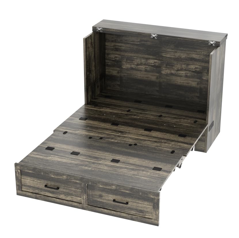 Bellemave Queen Murphy Bed, Cabinet Bed with Charging Station and Storage, Farmhouse Murphy Cabinet with Foldable Panel, Noisy Free, for Guest Bedroom, Living Room, Office, Rustic Gray