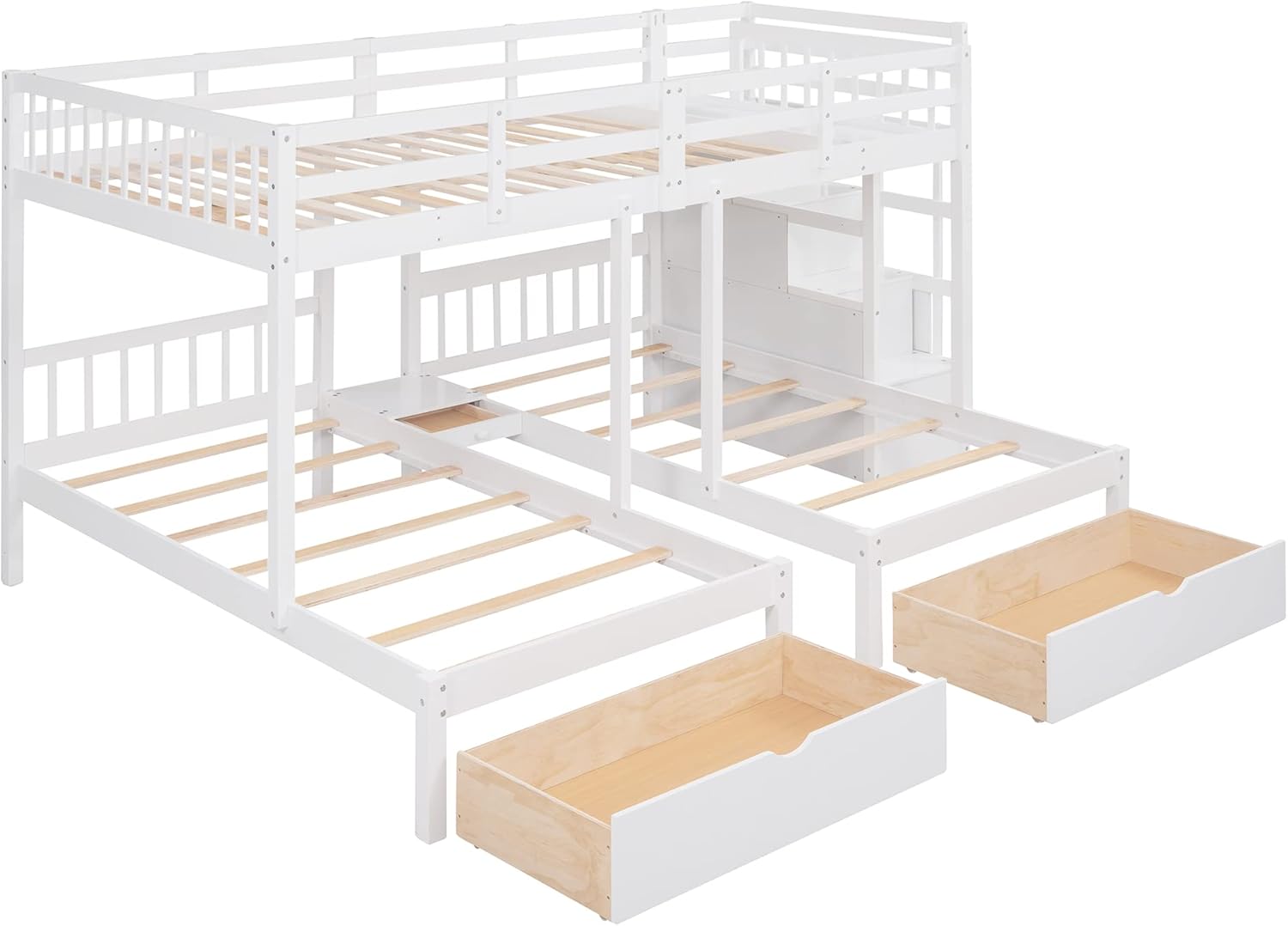 SOFTSEA L-Shaped Triple Bunk Beds with Staircase Corner Bunk Bed with 2 Storage Drawers, Full Over Twin & Twin Bunk Beds for Kids, Triple Bunk Beds with Stairs and Drawers