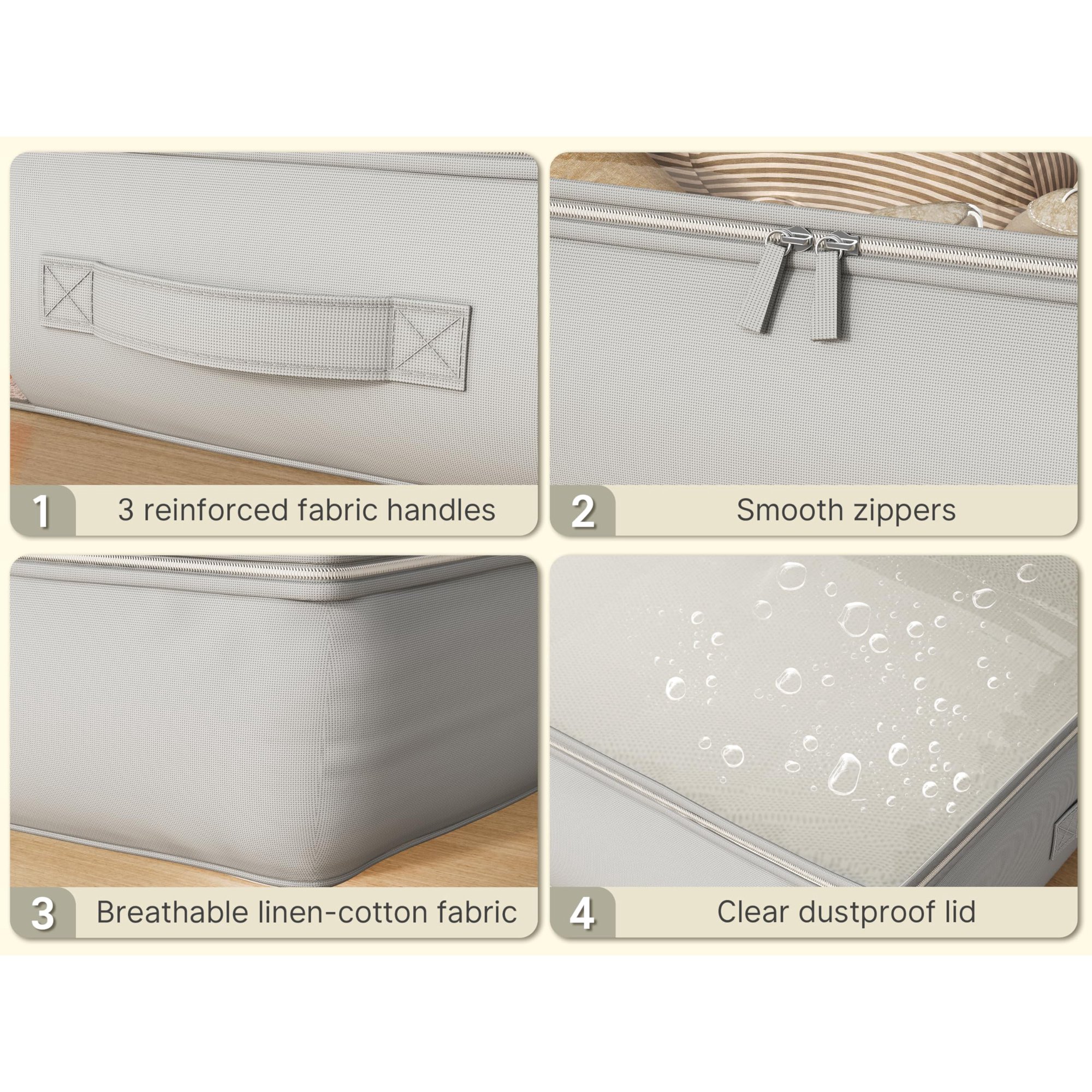 Underbed Storage Containers with View Window, Space Saving Organizer Bags for Blankets Comforters Sheets, Heavy Duty Cotton Linen Fabric, 4 Pack Grey