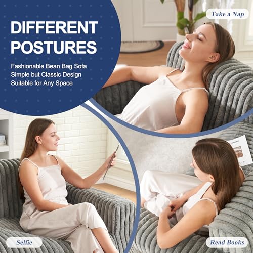 Bean Bag Chairs for Adults Large Fluffy Bean Bag Sofa Two-seat BeanBag Chair with Armrest Plush Comfy Chair with Handle Foam Loveseat for Living Room, Bedroom, Apartment, Dorms(Grey, Large)