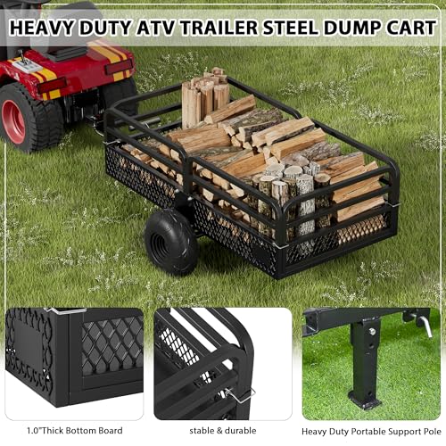 ATV Trailer Steel Dump Cart, Heavy Duty Carts with Wheels 1500lbs 15 cu. ft Capacity Utility Trailer Yard Garden Trailer W/Support feet & Removable Sides for Tractors, ATV, UTV, Lawn Mowers