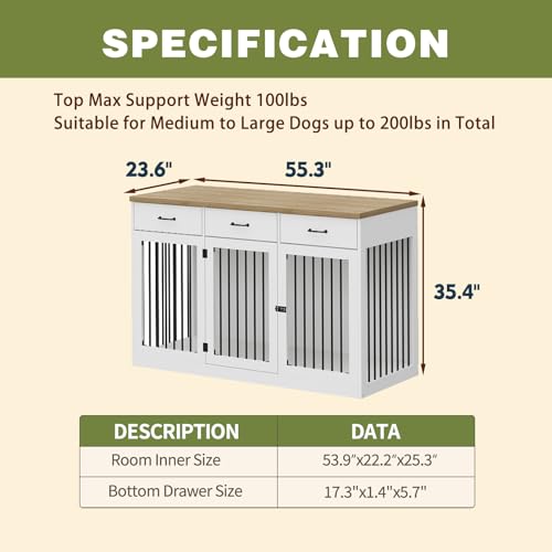 Extra Large Dog Crate Furniture with 3 Drawers, Indoor Heavy Duty Dog Kennel House, 55.3" Furniture Style Dog Crate Side End Table TV Stand for XL Large Medium Breed Dogs, White