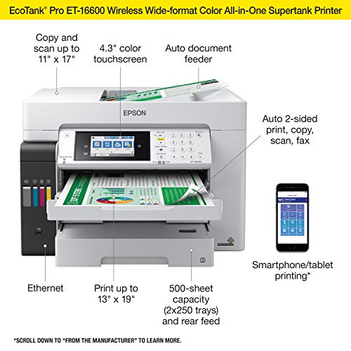 Epson EcoTank Pro ET-16650 Wireless Wide-Format Color All-in-One Supertank Printer with Scanner, Copier, Fax and Ethernet, White