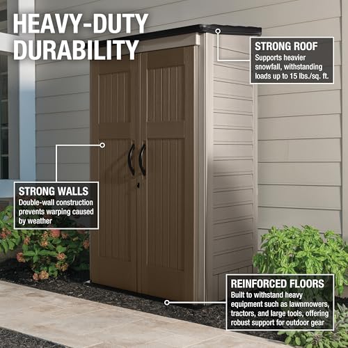 Rubbermaid Vertical Resin Outdoor Storage Shed With Floor (4 x 2.5 Ft) Weather Resistant Beige/Brown Organization for Home/Backyard/Pool Chemicals/Toys/Garden Tools/Porch/Patio Cushions