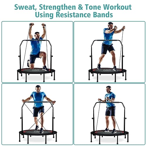 RAVS Mini Trampoline for Kids Adults 40"/48" Foldable Fitness Rebounder Kids Trampoline with 5 Levels Height Adjustable Handle Resistance Bands Indoor Workout Max Load 350lbs-450lbs
