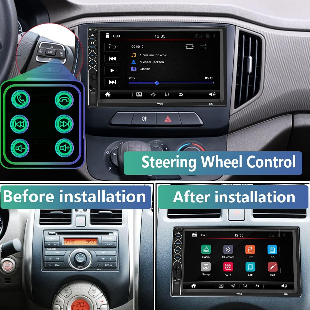 7" Car Stereo Double Din Radio Audio Receivers Digital Media Capacitive Touchscreen MP5 Player with Backup Camera, Support Phone Mirror Link, Steering Wheel Control,Bluetooth Handsfree/USB/SD/AUX