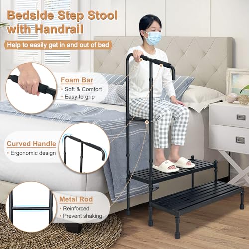 Bed Step Stool with Handle Medical Bedside Stairs for High Beds Adults Stepping Stool Assist Rail Adjustable Wide Platform Step for Elderly Seniors Handicap Mobility Two Step Stool Ramp