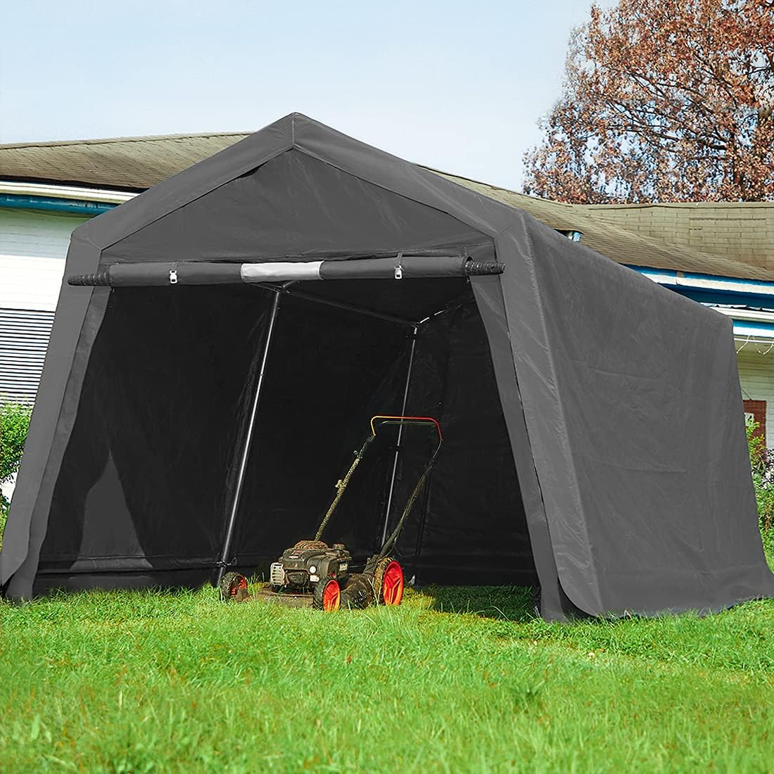 ADVANCE OUTDOOR 10x10 ft Heavy Duty Outdoor Patio Anti-Snow Portable Canopy Storage Shelter Shed Carport with 2 Roll up Zipper Doors & Vents for Snowmobile Garden Tools, Gray