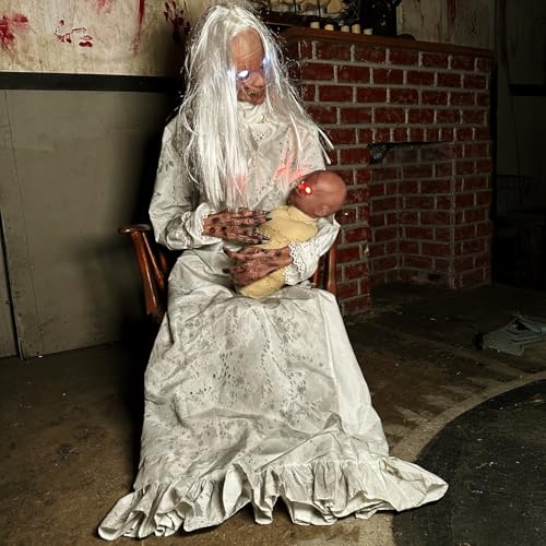 Haunted Hill Farm Life-Size 2.9-Ft Animatronic Gravely Granny by Tekky Halloween Decoration with Motion-Activated Sounds