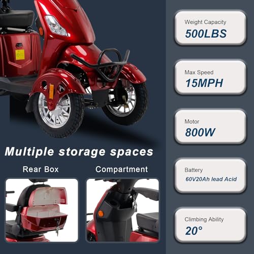 Mobility Scooters for Seniors & Adults 500lbs Capacity - 800W All Terrain Electric Powered Wheelchair Device - Heavy Duty Mobility Scooter for Travel - w/Remote Key - 40 Mile Long Range (Red)