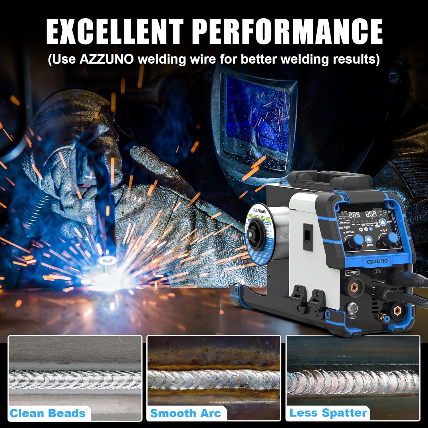 AZZUNO Aluminum MIG Welder 165Amp, Dual Vlotage 110V/220V 5-in-1 Welder Machine Gasless MIG/Gas MAG/Aluminum MIG/Stick/Lift TIG Welding with Semi-enclosed Structure