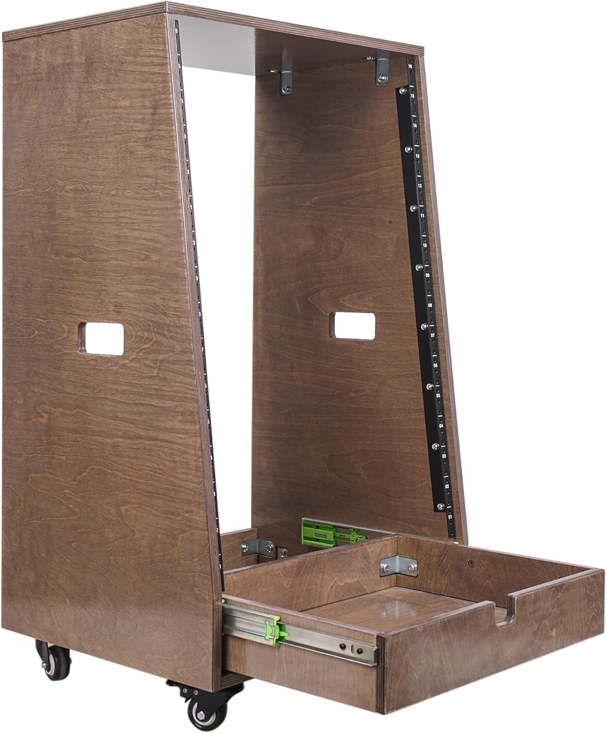 Sound Town 12U DIY Slanted Studio Rack with 12U Rack Space, Extra 2U Drawer, Plywood, Rubber Feet, Casters, Weathered Gray (SDRK-12TBD2)