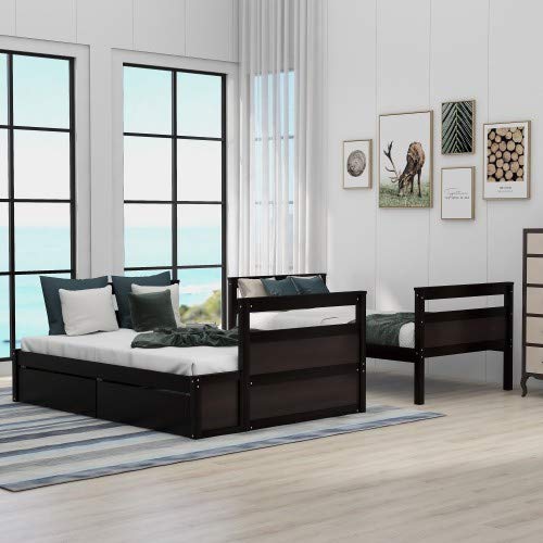 Twin Over Full Bunk Bed with Ladder, Solid Wood Bunk Beds Twin Over Full Size with Guardrail, Twin Over Full Bunk Bed Frame, Can Be Separated Into Twin/Full Size Bed, No Box Spring Needed (Gray)