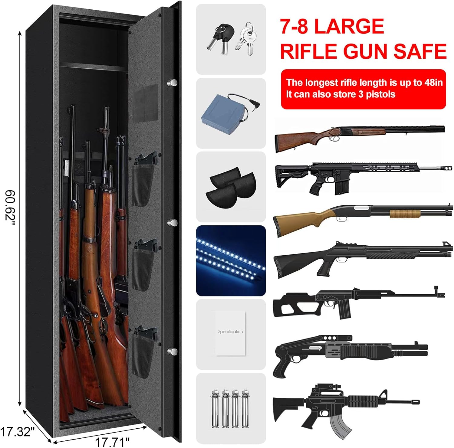 7-9 Large Long Gun Safe for Home Rifle and Pistols, Biometric Gun Safes for Rifles and Shotguns, Fireproof Gun Safe with Removable Gun Rack, LED Light and Pistol Pockets