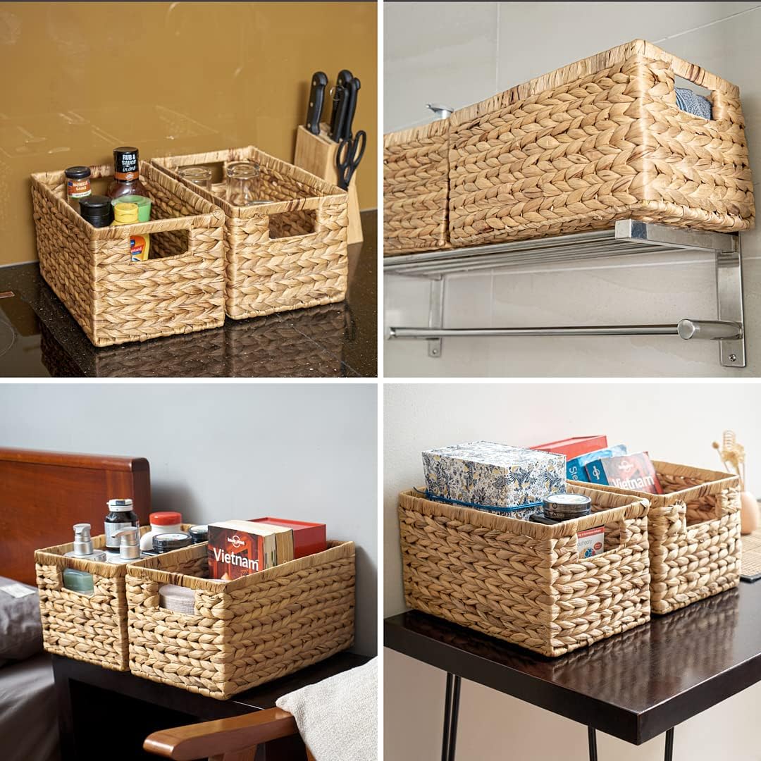 BARIEN Natural Water Hyacinth Storage Baskets, Rectangular Wicker Basket with Built-in Handles, Medium, 12.6&rdquo; x 8&rdquo; x 7&rdquo;, 2-Pack