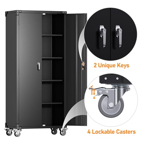 Metal Storage Cabinet with Wheels, 71" Tall Garage Storage Cabinet with 5 Tier Shelves and Locking Doors, Rolling Tool Cabinet for Garage Home Office Utility Room