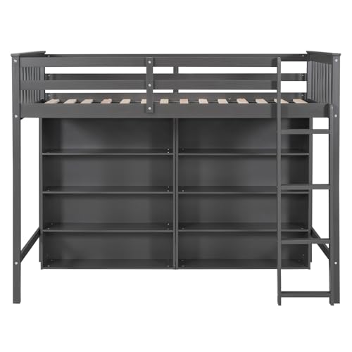 Modern Full Size Loft Bed with Cabinet and Bookshelf, Wood Loft Bed Frame with Built-in Desk and Wardrobe for Kids Teens Adults, Maximize Space (White-7.22)