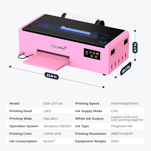 EnjoyColor A4 DTF Printer and Oven, DTF Transfer Printer Machine for Dark and Light Fabric Printing (A4 DTF Printer+A4 Oven+Software+5x250ml Ink+A4 DTF Film)