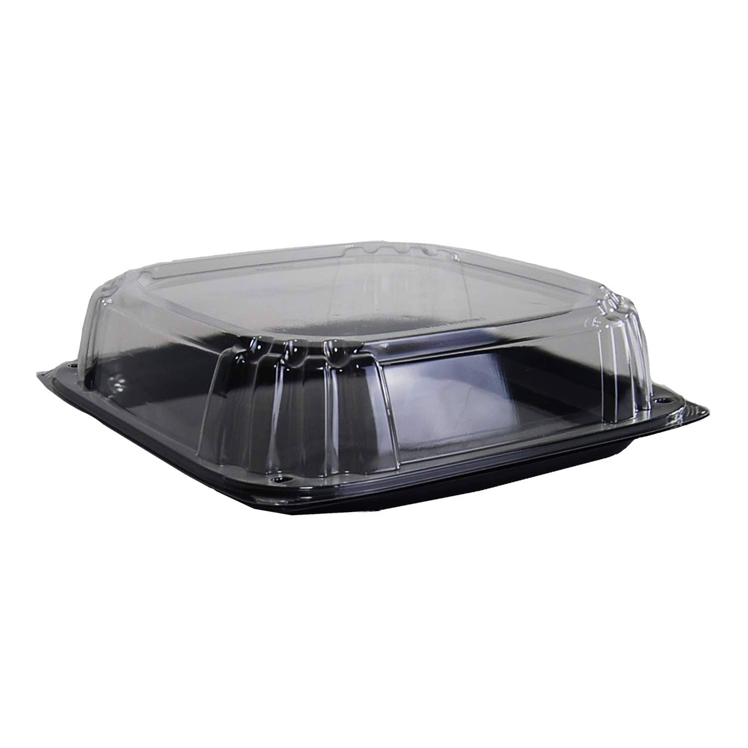 Sabert UltraStack Thermoformed Disposable Square Catering Tray with Lid Black Platter Clear Dome, 12 Length x 12 Width x 3.06 Height | 25/Case