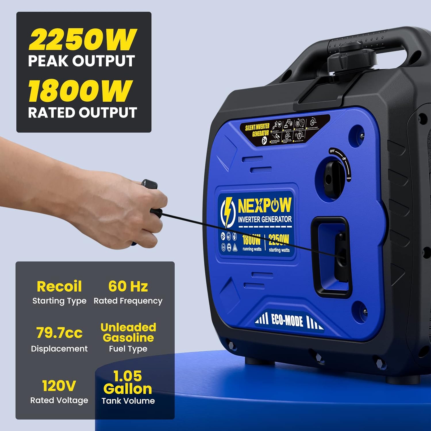 NEXPOW Portable Inverter Generator, 2250W Super Quiet Generator with CO Alarm Ideal,Eco-Mode Feature, Parallel Capability,EPA Compliant,and 5v/3A USB Outlet,Lightweight For Backup Home Us& Camping