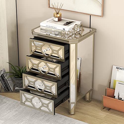 4-Drawer Chest Mirrored Bedroom Chests with Golden Lines, Crystal-Shape Knob, Glass Luster Tall Storage Cabinet for Bedroom Living Room, Entryway, Porch (Silver)