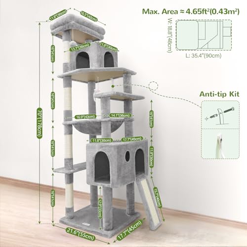Globlazer Heavy Duty Cat Tree, 70 inch Sturdy Cat Tree for Indoor Cats Extra Large Cat Tower with Scratching Post, Hammock, Cat Condo for Adult Cats Kittens, F70 Pro, Light Grey