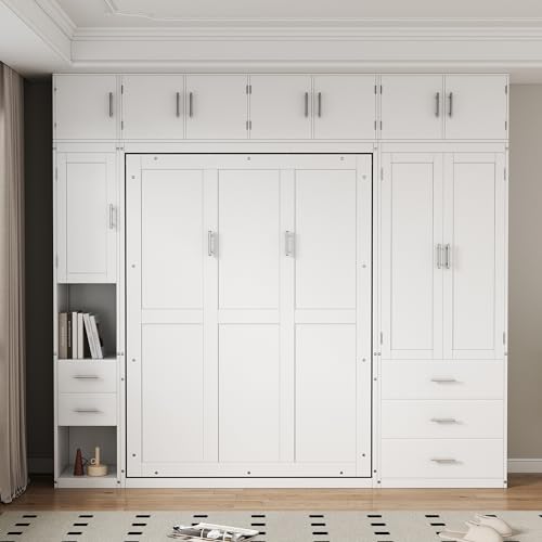 Harper & Bright Designs Full Size Murphy Bed Wall Bed with Lockers and Wardrobes, Wooden Folding Murphy Cube Cabinet Bed for Bedroom, Guest Room or Home Office, Easy Assembly (White, Full)