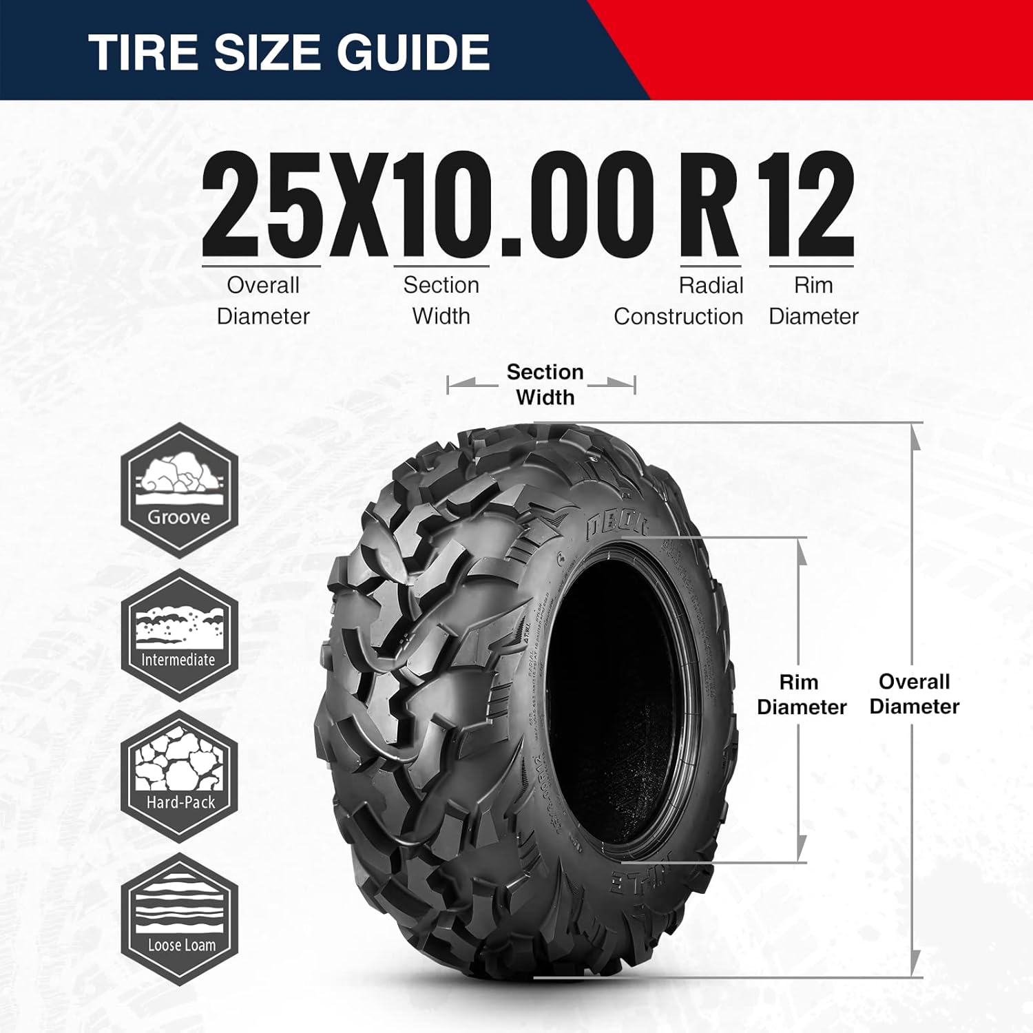 Set of 4 OBOR RIPLE ATV UTV Tires 25x8R12 Front & 25x10R12 Rear, 6PR Professional GNCC Racing Tires, 25x8-12 & 25x10-12 All-Terrain Radial Utility ATV Mud Off-Road Tires