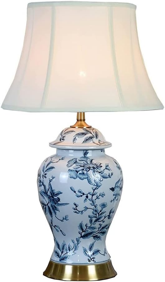 Hand-Painted Ceramic Desk Lamp Chinoiserie Branch Desk Lamp Blue & White Porcelain Lamp Body with Metal Base Bedside Nightstand Lamp for Bedroom Living Room Office College Bookcase