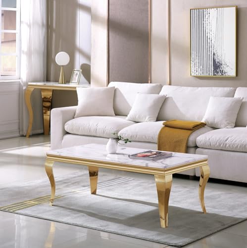 3 Piece Living Room Table Set, White Coffee Table & End Side Table & Console Table, Faux Marble Top Coffee Table Set with Silver S Steel Legs for Home Office, Luxury Home Coffee Table Set of 3