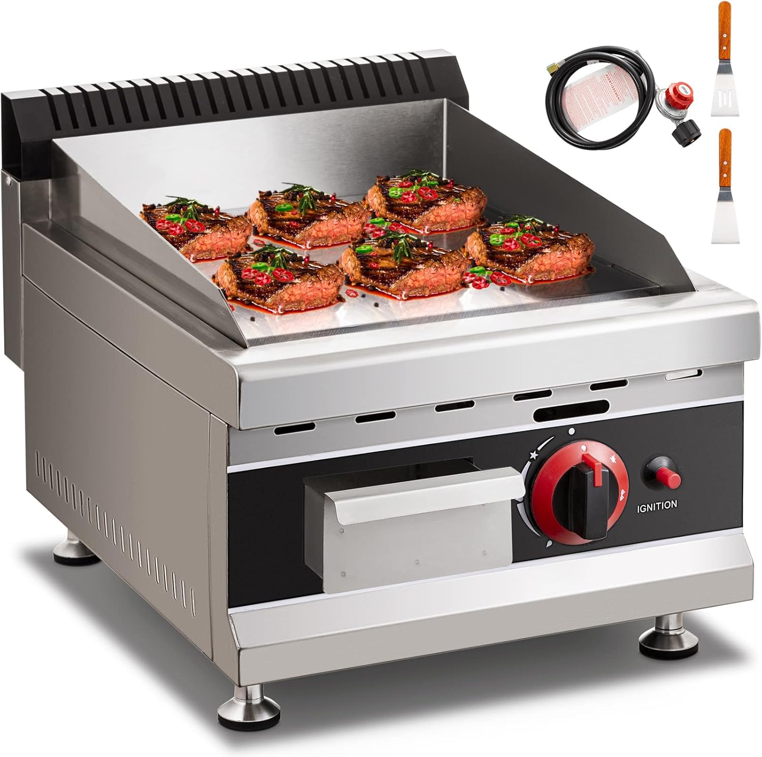 DESENNIE 14-Inch Commercial Gas Griddle, Liquefied Propane Gas Flat Top Restaurant Griddle, Heavy Duty Stainless Steel Countertop Manual Griddle- 30,000 BTU,Teppanyaki Grill for Steak/Vegetables/Pancake